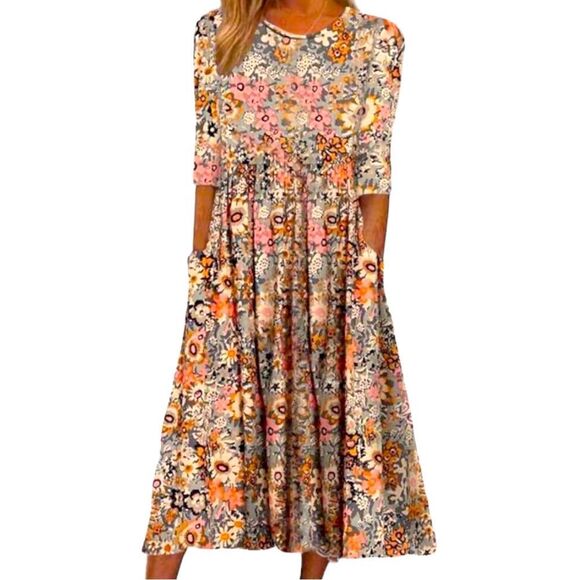 Floral Print Dress Scoop Neck Long Midi Pockets Size S • NEW WITH TAGS • - Picture 1 of 10